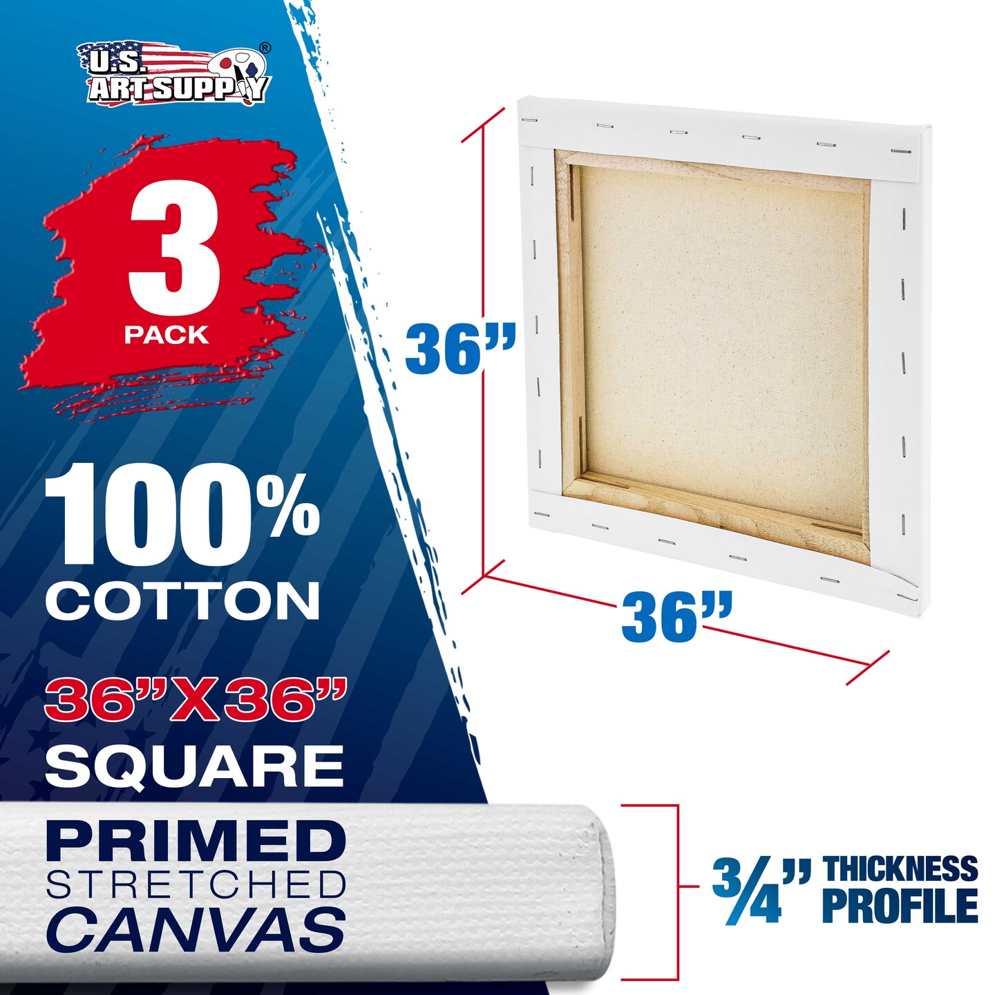 36 x 36 inch Stretched Canvas 12-Ounce Triple Primed, 3-Pack - Professional Artist Quality White Blank 3/4" Profile, 100% Cotton, Heavy-Weight Gesso