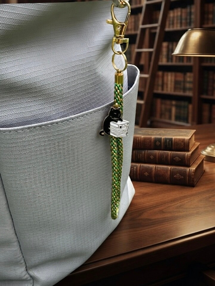 Bookish Cat Keychain Phone Strap | Handmade Green and Gold
