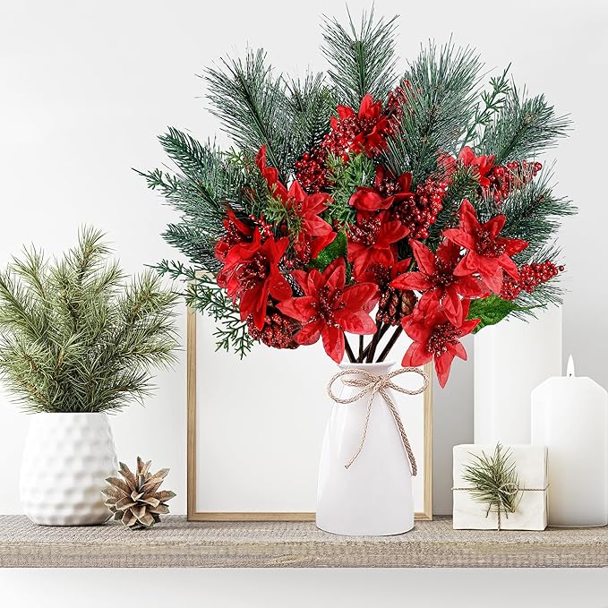 Poinsettia Picks Faux Berries Pine Stems Red Berry Pine Branches with Pine Cones Poinsettia for Xmas Tree Wreath DIY Craft Floral Arrangement Holiday Decor (Red)