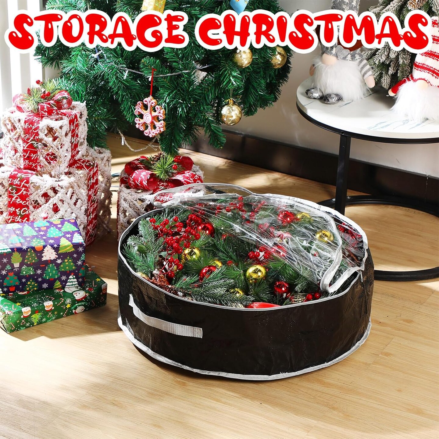 Aliceset 4 Pcs Christmas Wreath Storage Bags Garland Wreath Storage Containers with Clear Window and Handles Christmas Wreath Ornament Boxes for Holiday Seasonal Storage(24 x 24 x 7.8 Inch,Black)