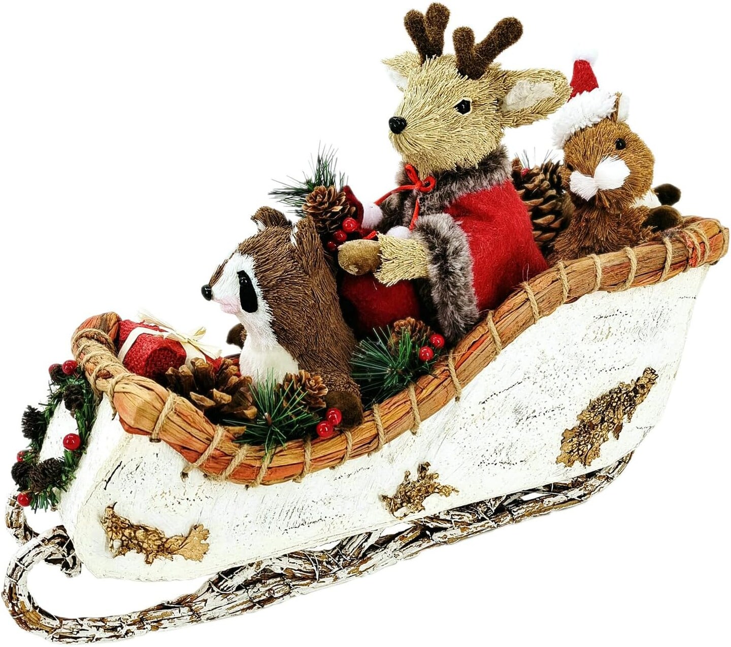 12.2 Inches Birch Logs Christmas Sleigh Decor,Sisal Woodland Animals Figurines in Sleigh Car with Gift Box and Santa Sack as Christmas Table Decor, Fireplace Decor