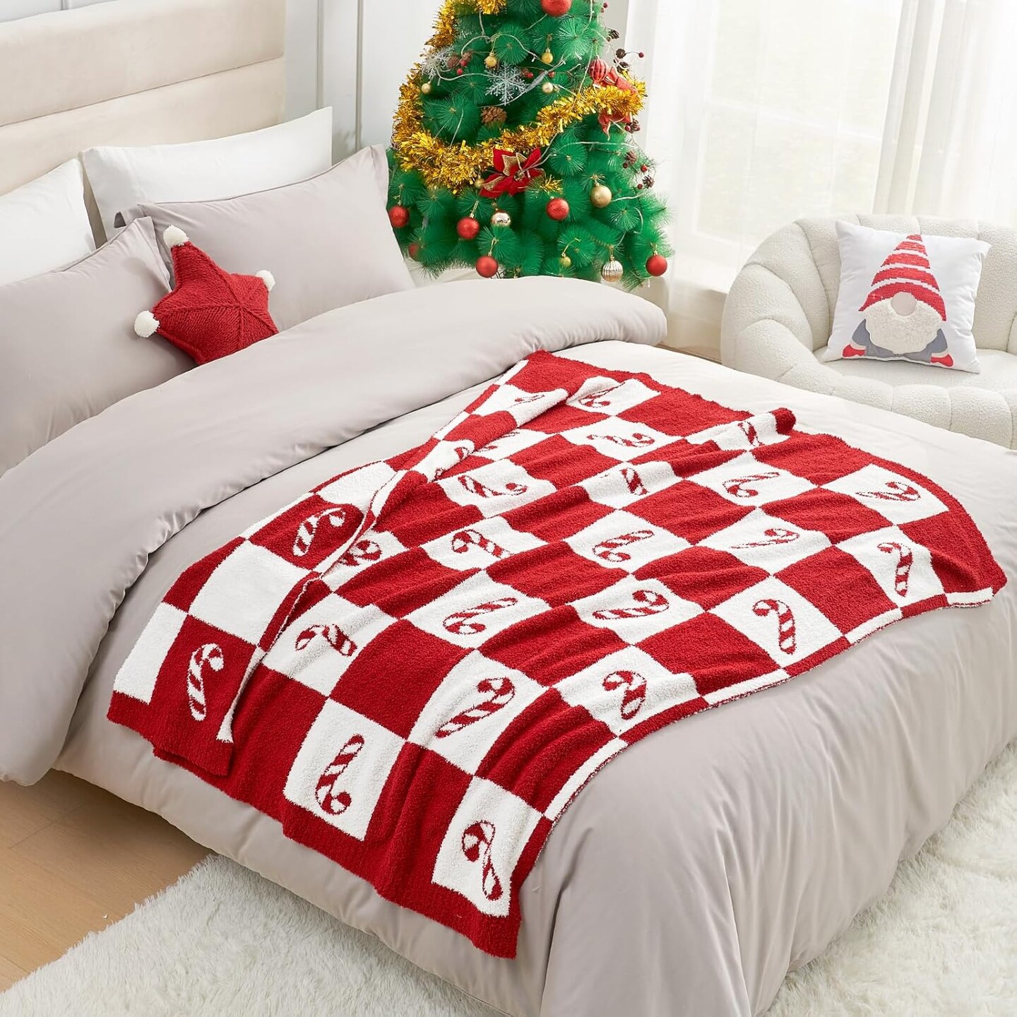 Candy Cane Throw Blanket Red Christmas Blanket 50x60 inches, Ultra Soft Cozy Decorative Throw Blanket for Couch, Sofa and Bed for Xmas