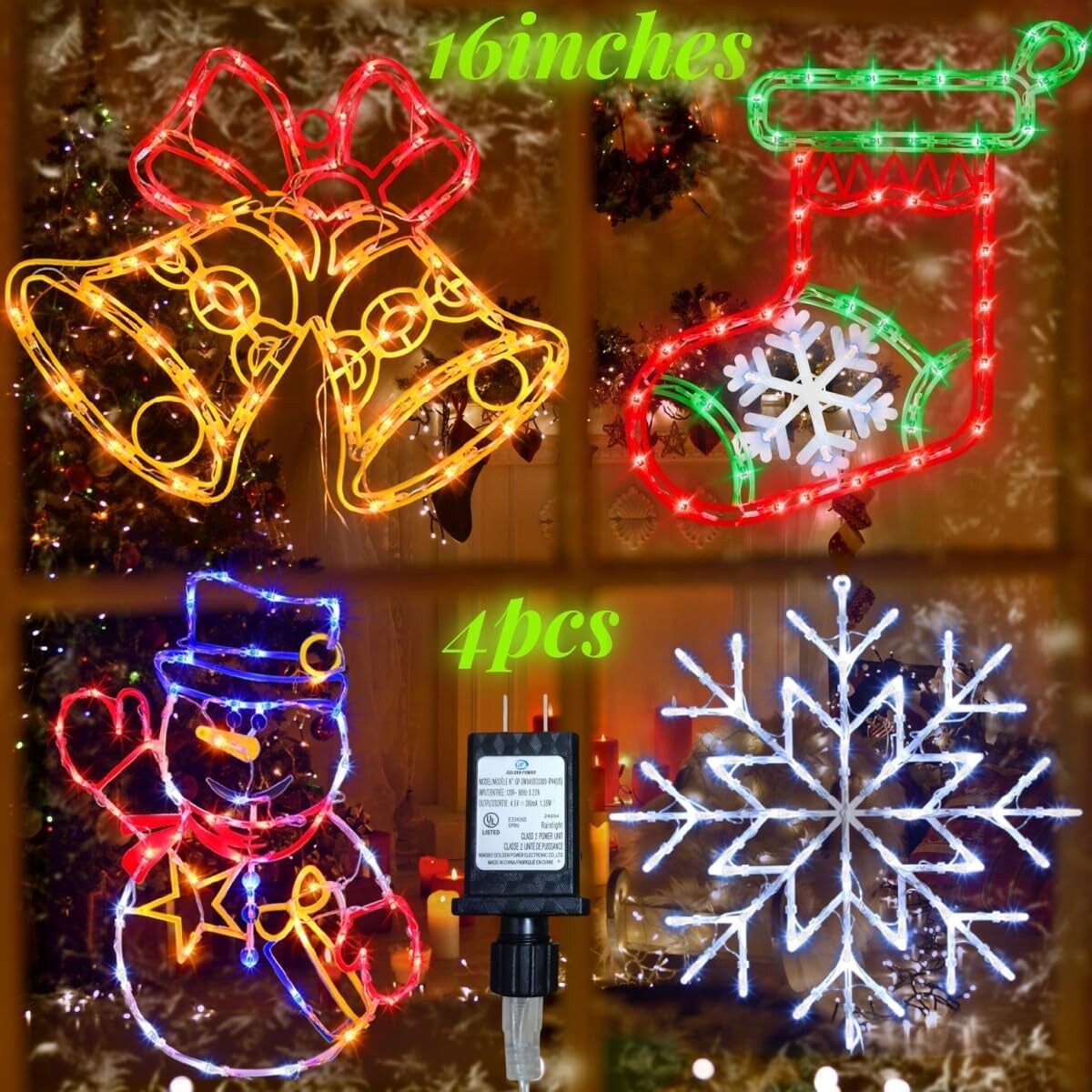 Christmas Decorations - 16&#x22; Christmas Window Silhouette Lights Decorations - 4 Pack Colour Lighted Bell &#xFF06; Snowflake &#xFF06; Snowman &#xFF06; Christmas Stocking for Holiday Wall Door Window Decorate