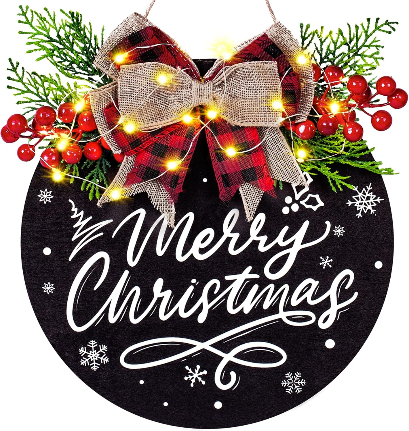 Merry Christmas Wreath Red Buffalo Plaid Xmas Welcome Door Hanger Sign For Front Door Decoration Winter Door Sign 12 Inch Welcome Wood