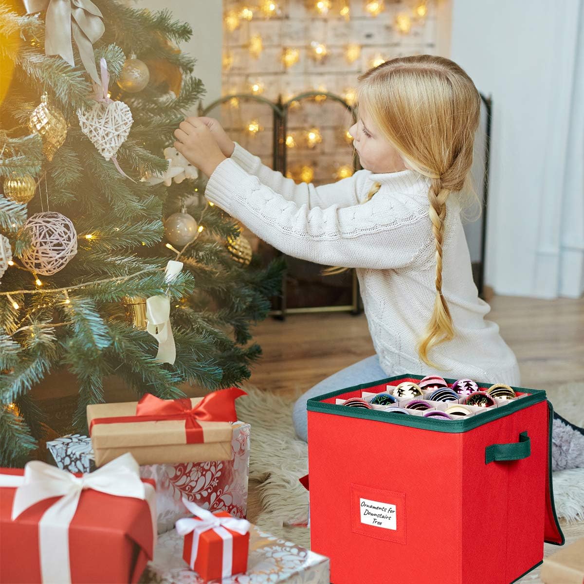 Christmas Ornament Storage Box Christmas Decor Storage Containers that Store up to 64 &#x2013; 3&#x201D; x 3&#x201D; Holiday Xmas Ornaments &#x2013; Adjustable Compartment To Fit Many Sizes Ornaments &#x2013; Red