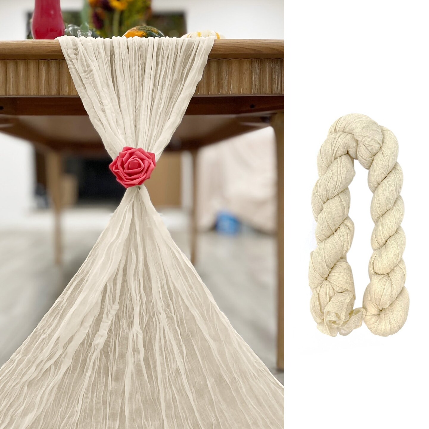 Wrapables 10Ft Bohemian Cheesecloth Gauze Table Runner for Rustic Weddings, Parties, Home Decor, Beige