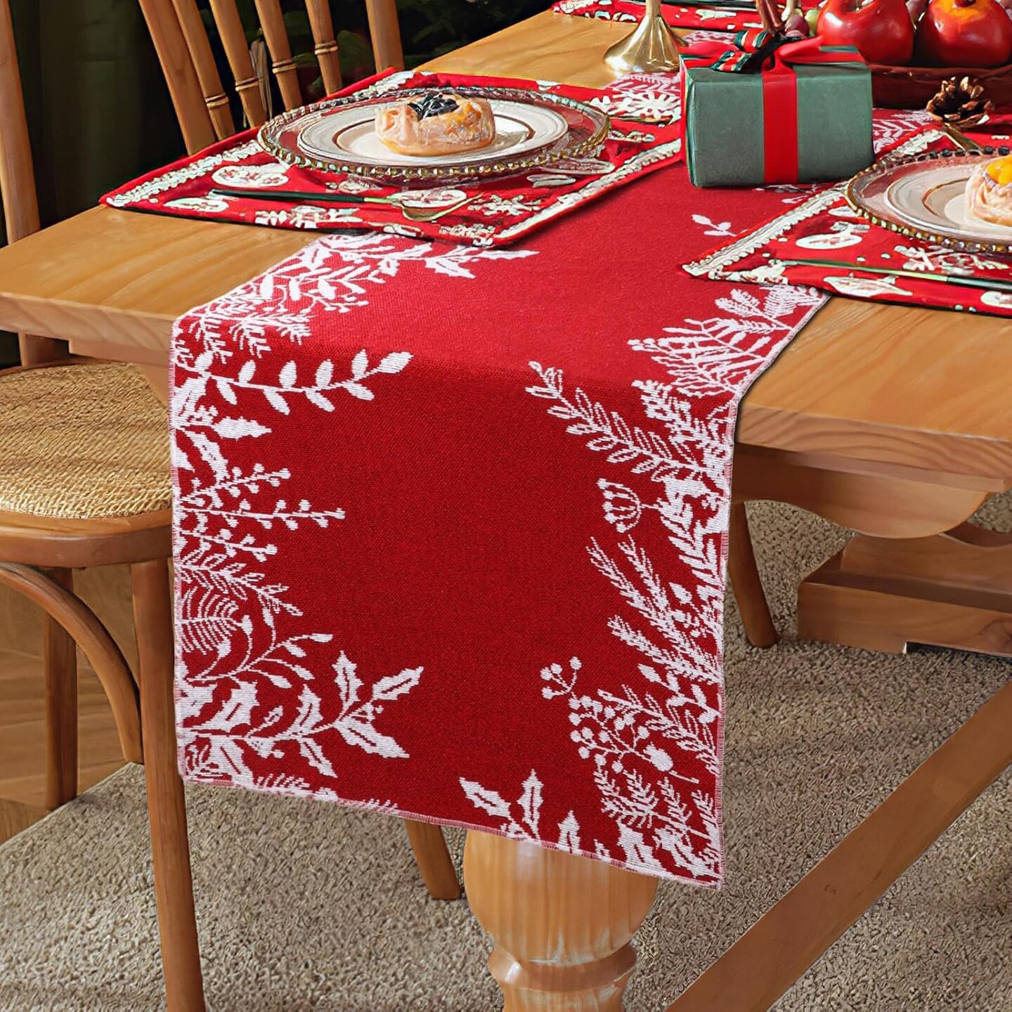 Christmas Table Runner Red Table Runner, Linen Holiday Table Runners 72 Inches Long, Holly Leaf Christmas Runner for Table Dining Kitchen Party Christmas Decorations Indoor Home Decor