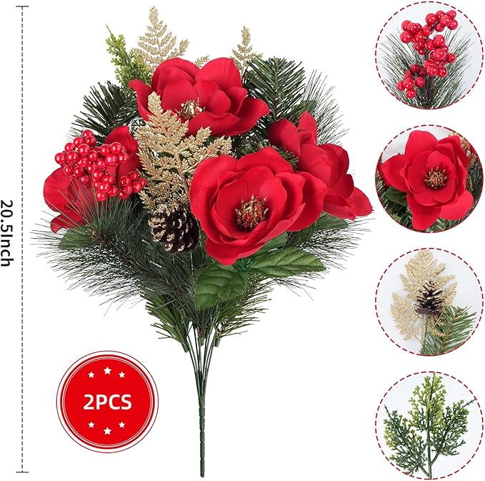 Bouquet Faux Christmas Flowers Arrangements with Glitter Pine Cone Cemetery Flowers for Grave Table Centerpiece Home Kitchen Decor (2PCS)