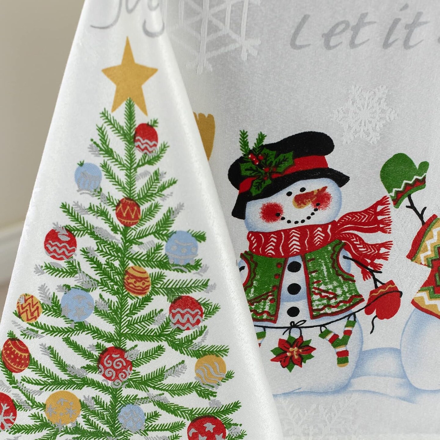 Believe Snowman Engineered Printed Jacquard Fabric Christmas Table Cloth, Christmas Tablecloth for All Winter and Holiday (60&#x22; x 104&#x22; Rectangular, Believe Snowman)