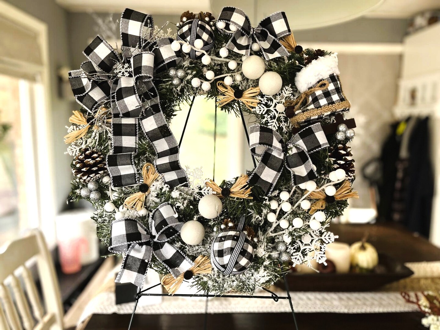 Christmas Wreath with Buffalo Check and Cheetah, black and 2024 white Christmas decor, Woodland Farmhouse buffalo check holiday mantle decoration