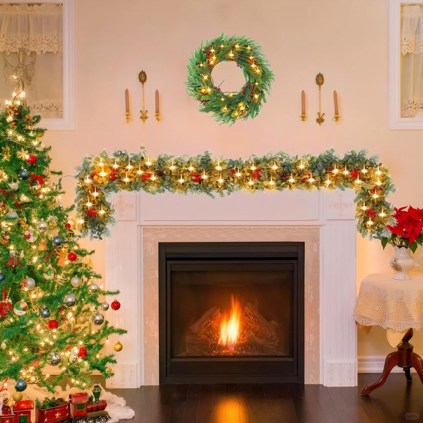 6.5 FT Pre-Lit Christmas Garland with 20 LED Lights, Lighted Garlands Christmas Decorations for Stairs Fireplace Window Wall, Eucalyptus Garland for Table Holiday Indoor Mantle Decor