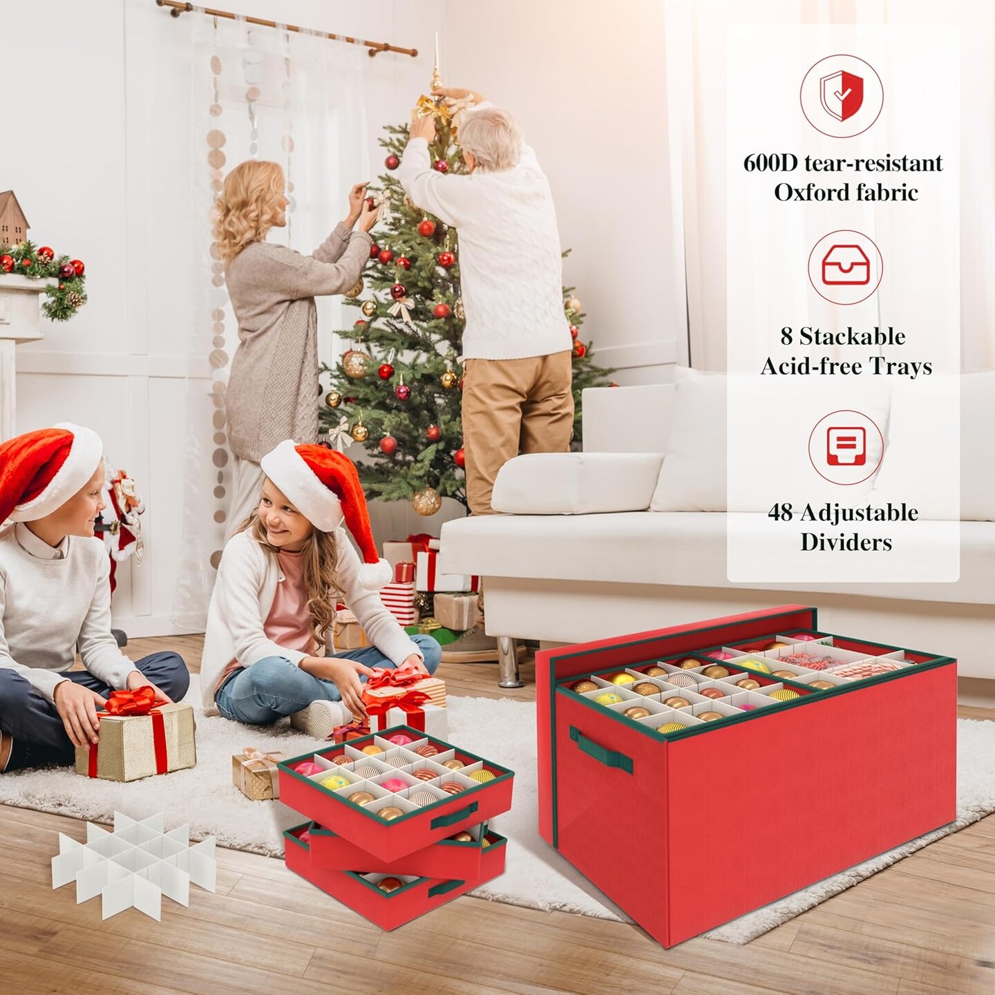 Christmas Ornament Storage Box, Ornament Organizer Storage box with Lids and Adjustable Dividers , Store Up to 128-3&#x22; Ornaments, Extra Large Holiday Decor Storage Container with 8 Stackable Trays, Red