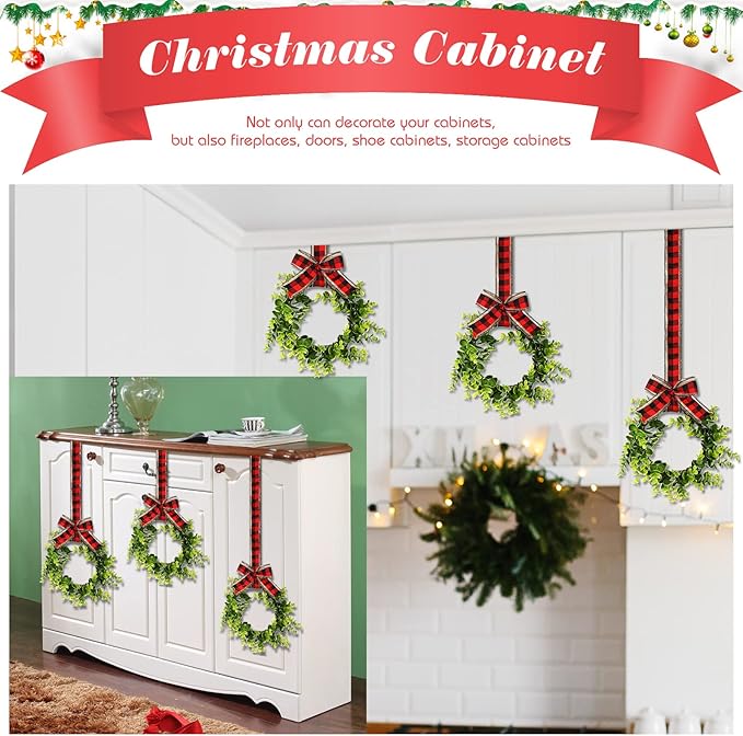 6 Pcs Christmas Kitchen Cabinet Wreaths Decorative Boxwood Wreaths with Ribbon Artificial Greenery Wreath Small Farmhouse Wreaths for Kitchen, 21.3 x 8.7 Inch (Dual Red Black Plaid with Linen)