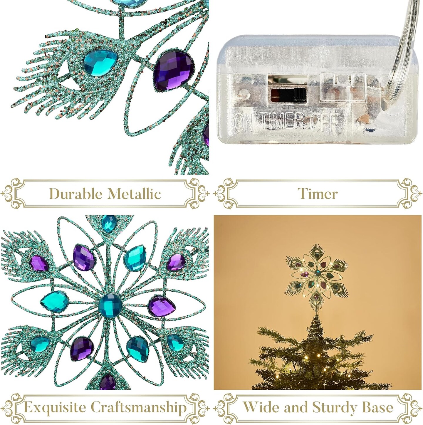 Lighted Christmas Tree Topper Star with Timer for Tree Decorations, 13 Inch Blue and Silver Metal Star Tree Topper Snowflake Peacock Feather Jewel with Lights for Home Party Gift Indoor