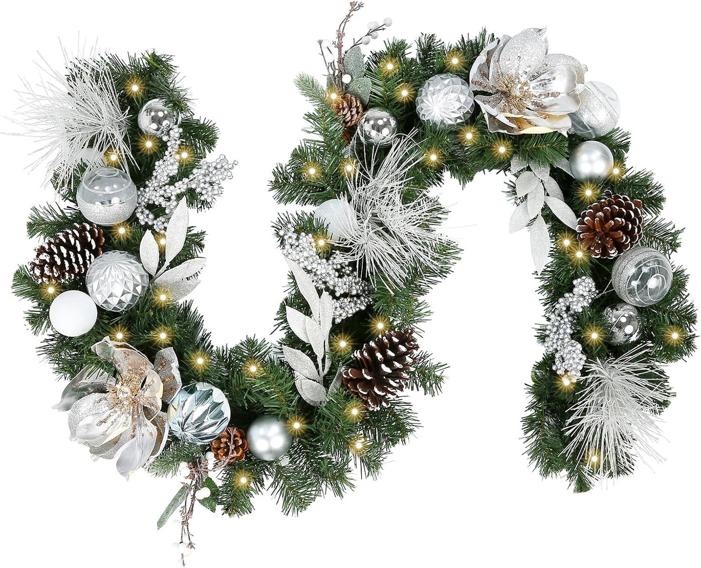 Pre-lit 6 Feet/72 Inch Christmas Garland, White &#x26; Silver Lighted Garland with 35 LED Lights for Indoor Outdoor Xmas Decor Holiday Decorations, Battery Operated (Batteries NOT Included)