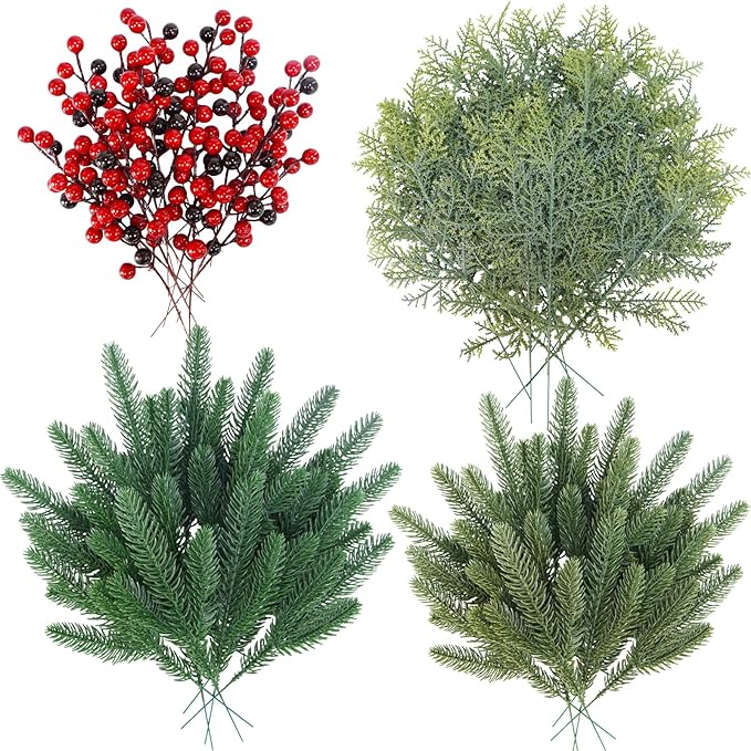 Branches Red Berry Picks Fake Greenery Plants Pine Sprigs Christmas Tree Stems 8.1&#x22;-12&#x22; for Holiday Christmas Tree DIY Garland Centerpiece Floral Arrangement