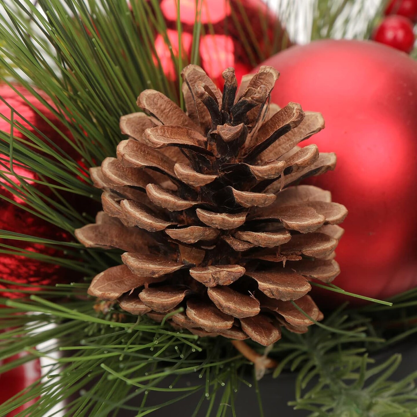 Potted with Pinecones Berries and Red Xmas Ball Ribbon Christmas Arrangements Centerpieces Ornaments in 4.7&#x27;&#x27; Black Ceramic Pot for Home Indoor Table