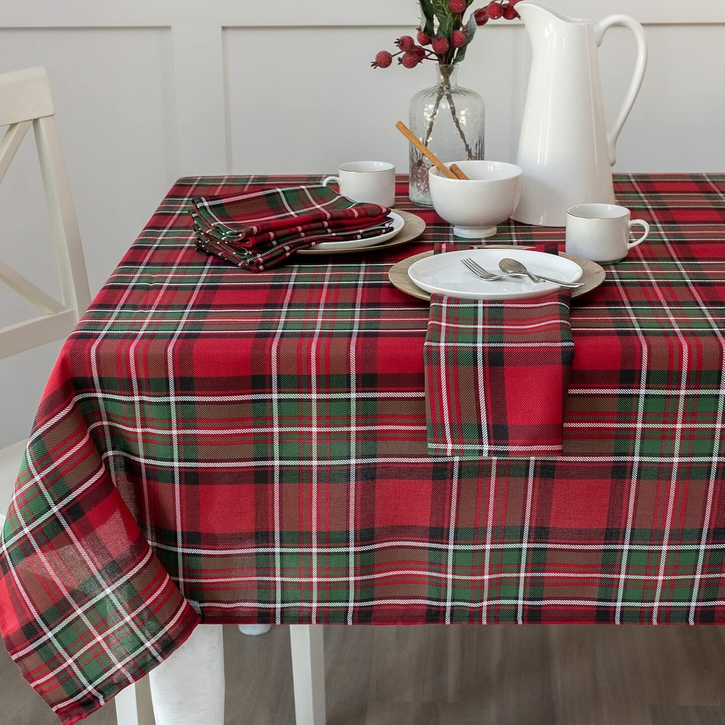 Holiday Plaid Yarn Dyed Fabric Table Cloth, Holiday, Winter, and Christmas Tablecloth (60" X 104" Rectangular, Red)