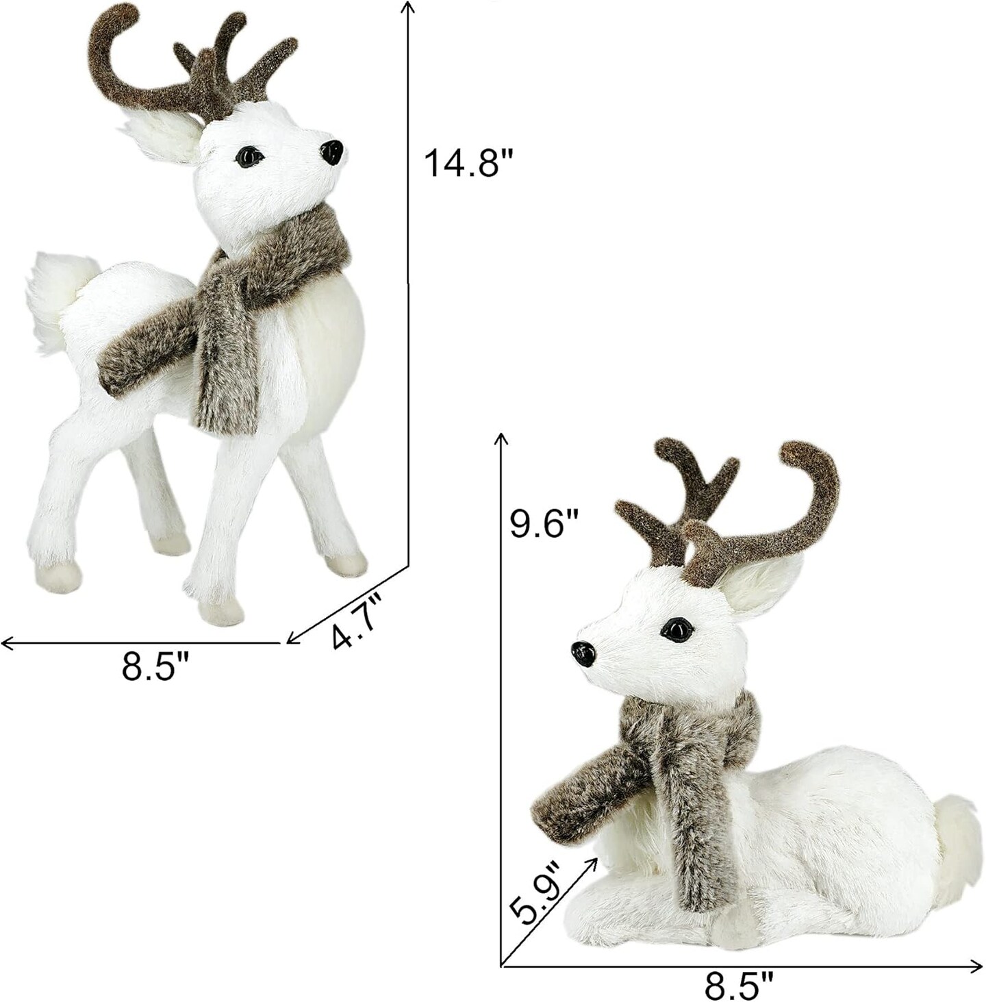 Nature Vibe 14.8 Inches Sisal Reindeer Christmas Decoration Set of 2,Cute Woodland Animals Figurines with Faux Fur Scarf as White Christmas Decorations,Fireplace Decor