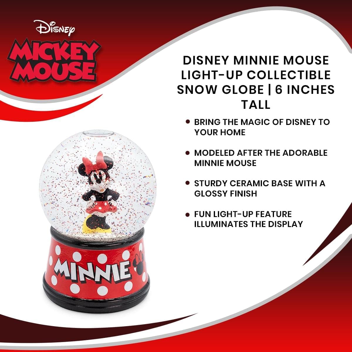 Minnie Mouse Light-Up Snow Globe with Swirling Glitter Display Piece Decoration | Home Decor for Kids Room Essentials | Precious Keepsake, Cute Novelty Gifts and Collectibles | 6 Inches Tall