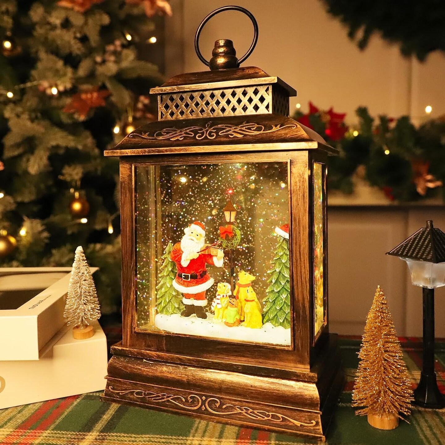 Christmas Snow Globe Lantern Musical Lighted with Timer, Santa Claus Water Lantern Glittering Holiday Decor Gift, Battery Operated &#x26; USB Glitter Lantern (Santa Claus and Christmas Tree)
