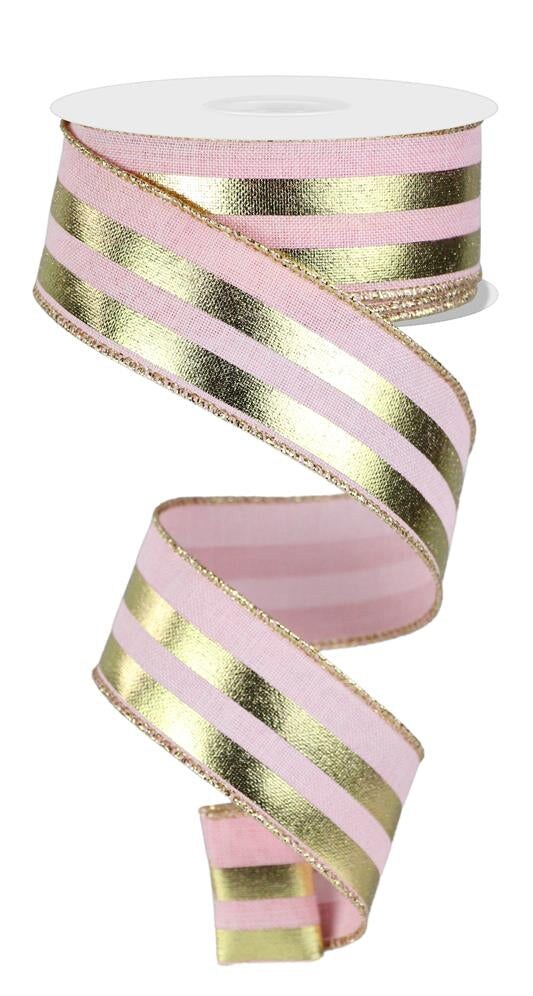 1.5&#x22;x10yd Pale Pink &#x26; Gold Metallic Striped Ribbon - Wired Ribbon for Crafts &#x26; Holiday Decor (RGE142815)