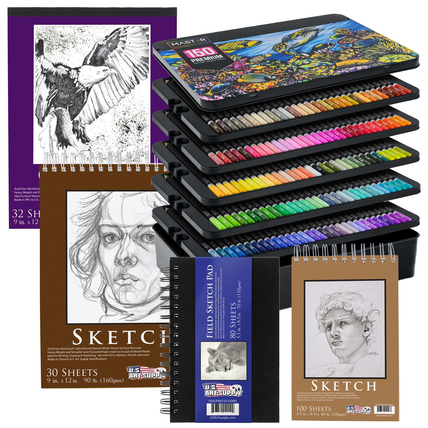 Master 150 Colored Pencil Mega Tin Set with Premium Soft Thick Core Vibrant Color Leads with 4 Different Drawing &#x26; Sketching Paper Pads