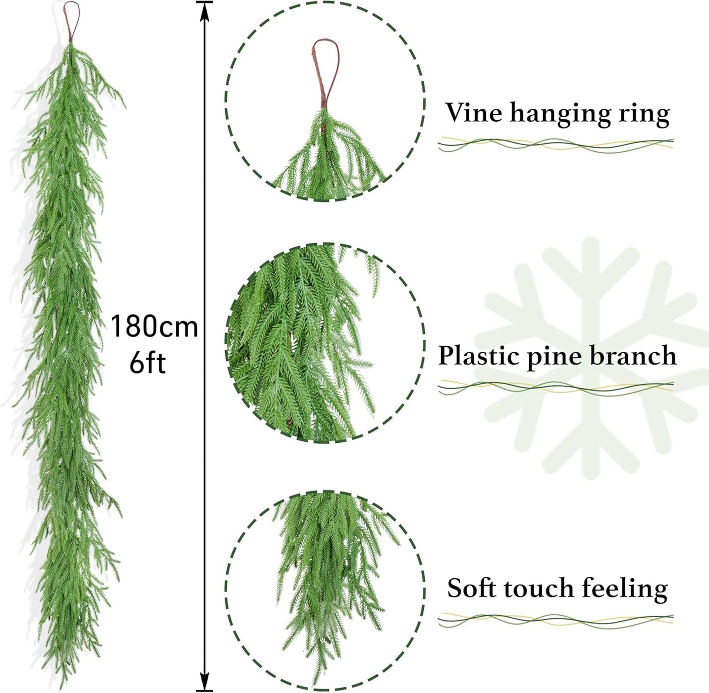 Norfolk Pine Christmas Garland Decorations-6FT Real Touch Christmas Garland- Realistic Artificial Christmas Garland Decorations for Mantle Windows Indoor Outdoor
