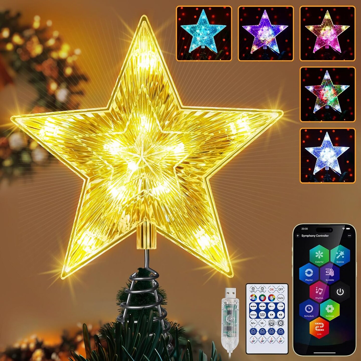82 Modes 8" Smart Christmas Star Tree Topper with Lights - 11 Bright LED 16 Million Colors DIY Tree Star Topper, App Control Music Sync with Remote Indoor Outdoor Decoration