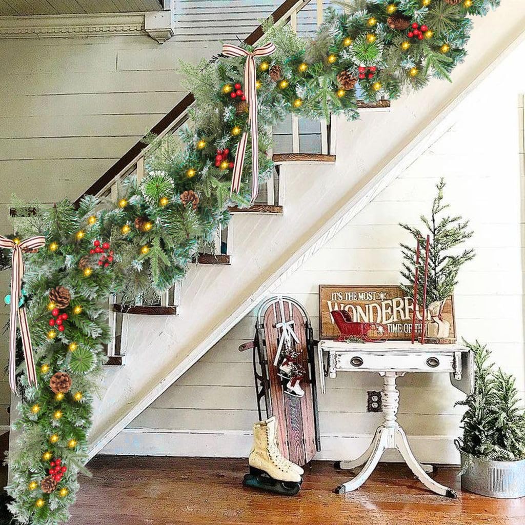 9 FT Christmas Garland with Lights, Pre-lit Xmas Garland Battery Operated Lighted with Timers Pine Cone Berrirs Lush Branches,Christmas Garlands Decoration for Mantle Stair Fireplace Indoor Outdoor
