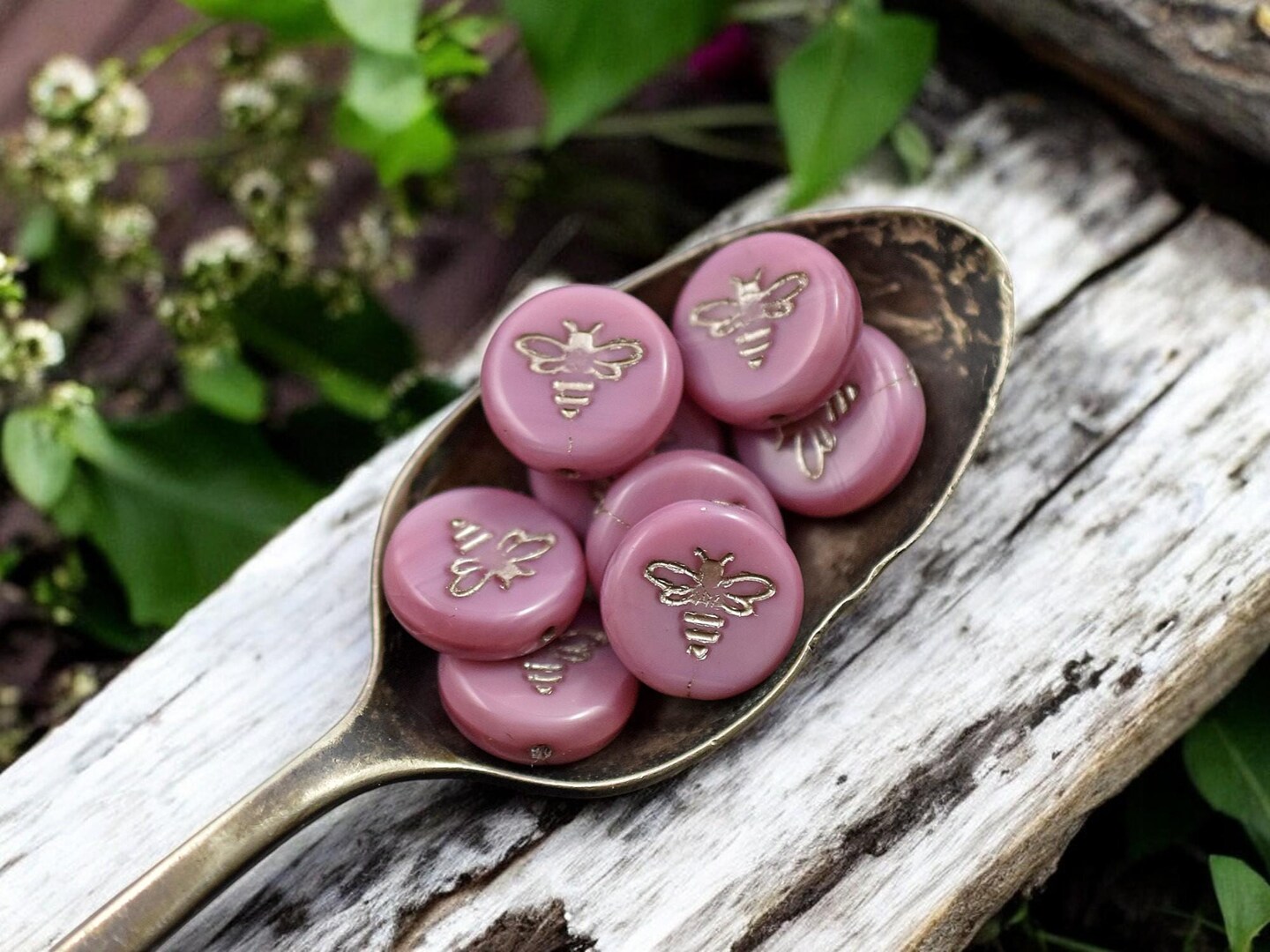 *12* 12mm Platinum Washed Pink Silk Bee Coin Beads