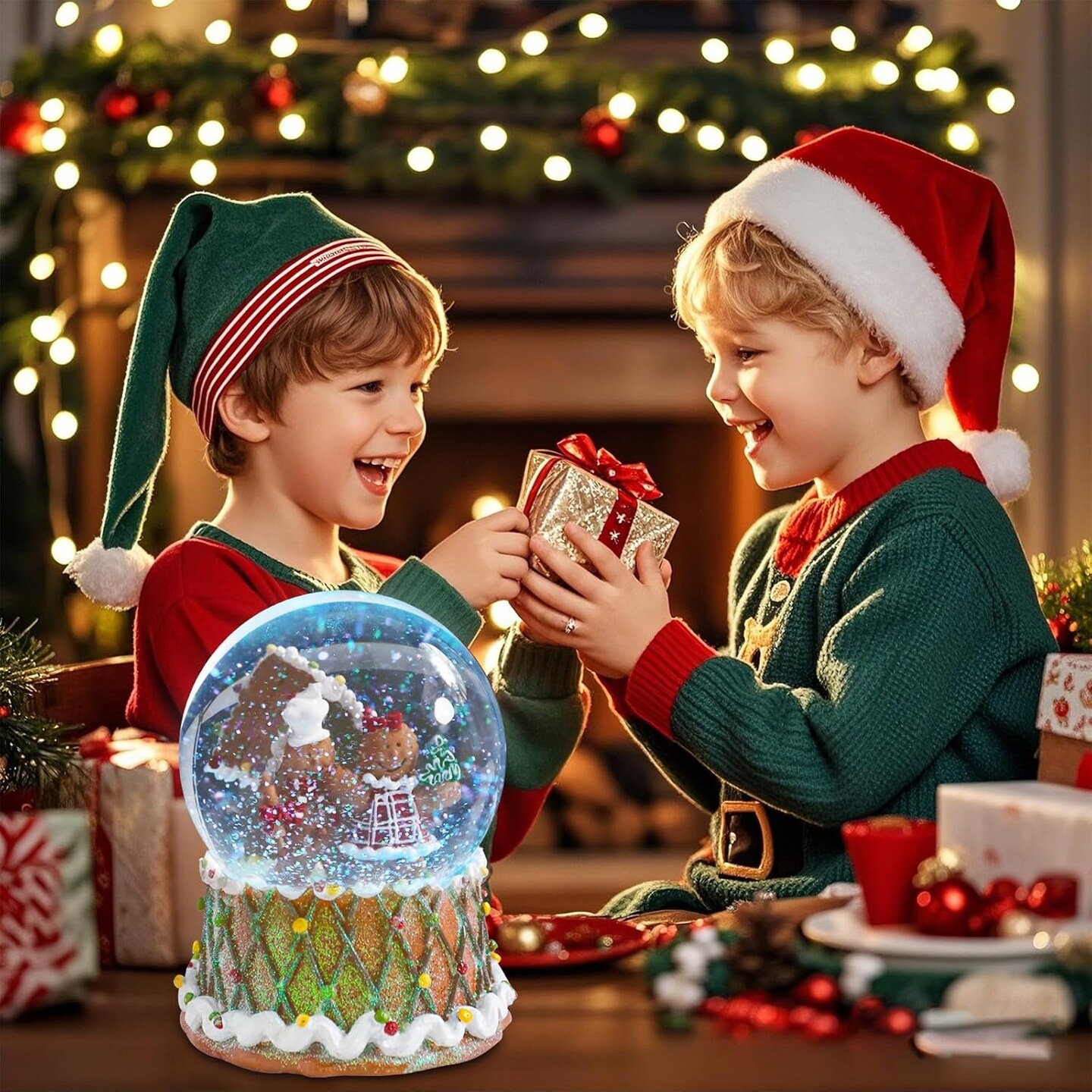 Christmas Snow Globes, Snow Globes Christmas with Music, Gingerbread Man Snow Globe, Cake Snowglobe Color Changing LED Lights Birthday Gift Decor for Kids Girls and Boys