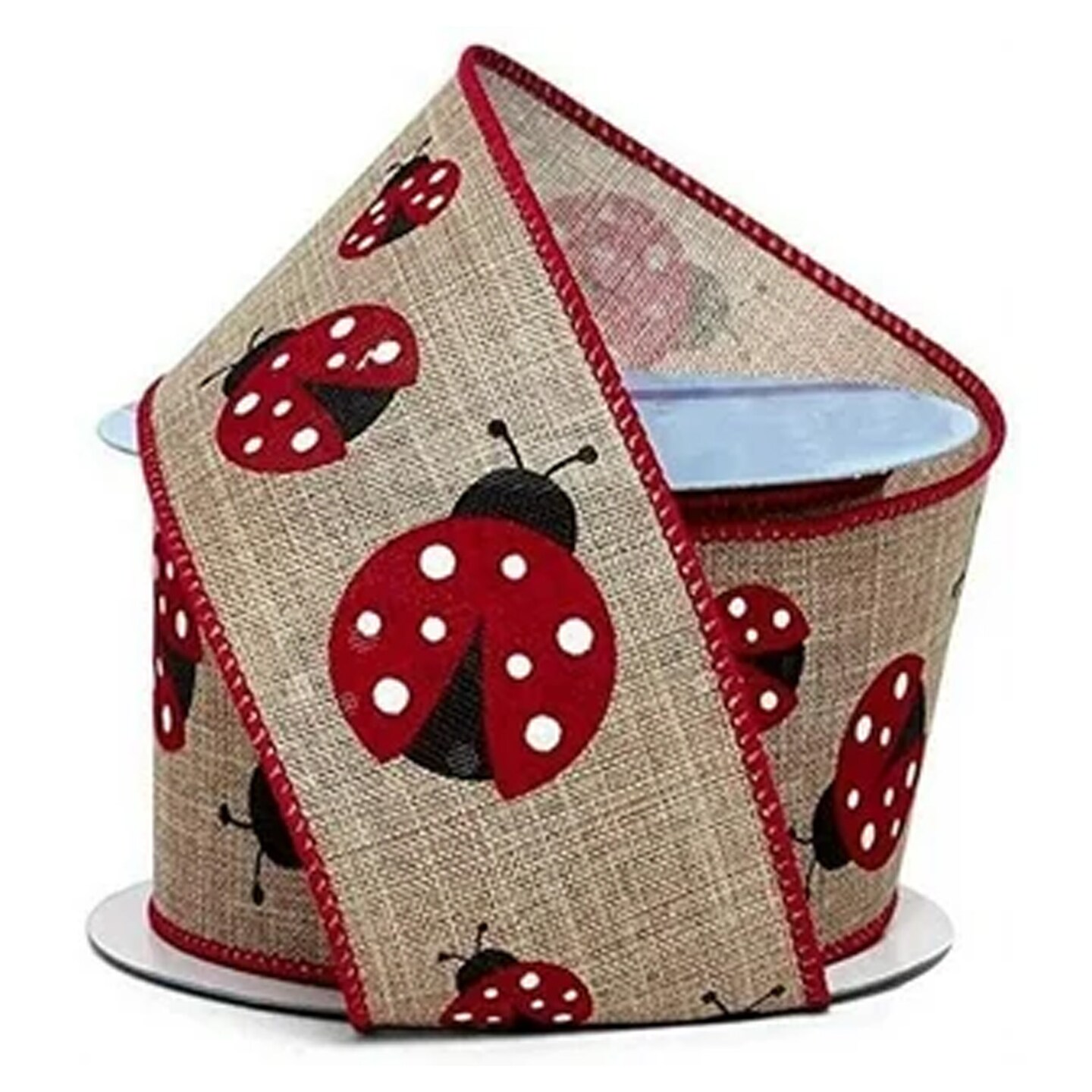 Ladybug Themed Natural Wired Ribbon 2.5&#x22; Width 10 Yards of Fun