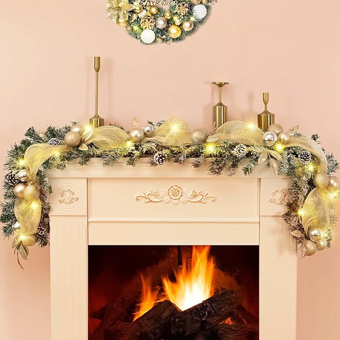 Luxury Christmas Garland for Mantle, Christmas Flocked Garland with Ribbons Gold Ball Pinecones, Christmas Garland Decor
