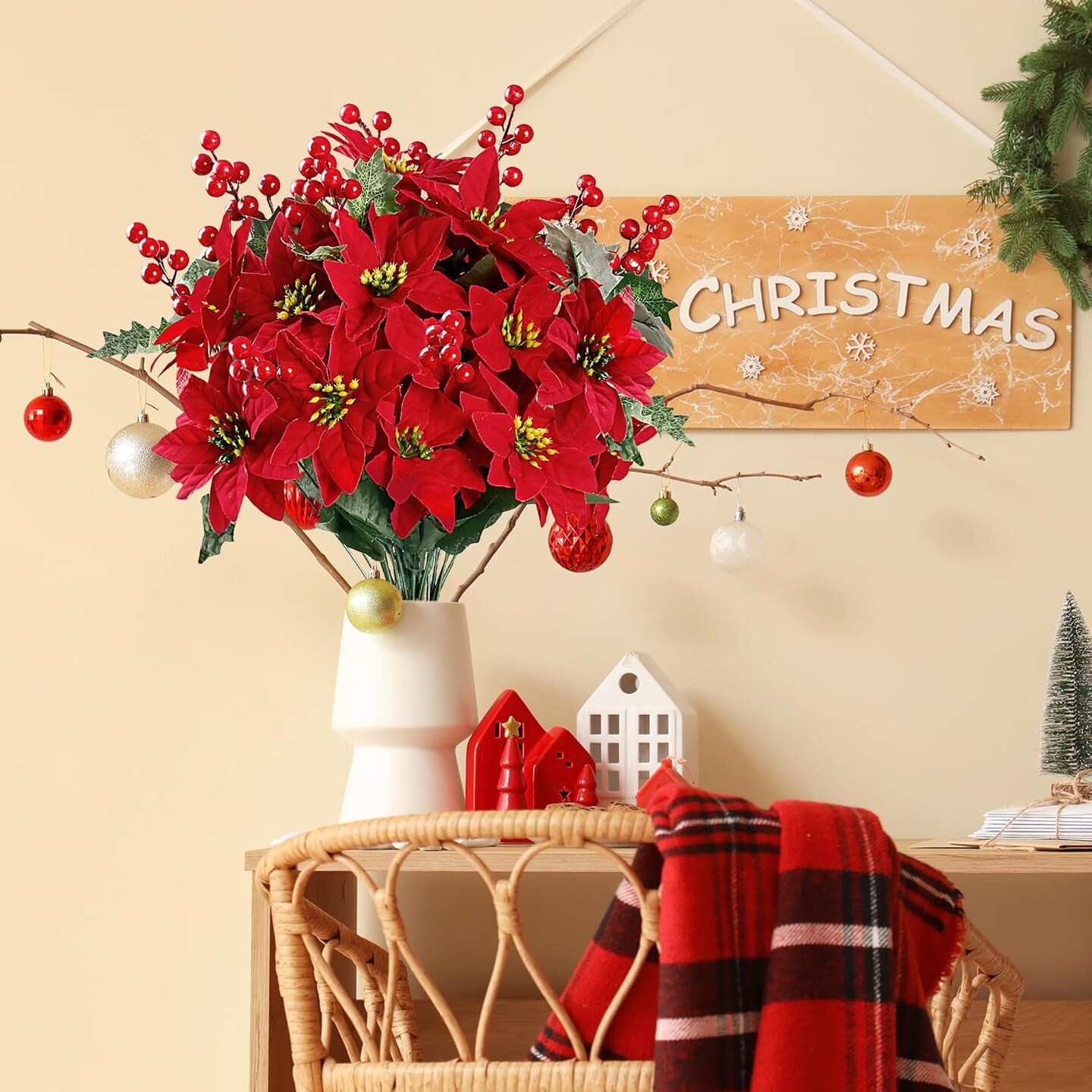 Poinsettia Bush Christmas Flowers Holly Berry Stems with Red Berries Holly Leaves for Home Porch Garden Indoor Outdoor Holiday Xmas Decorations (Pack of 6)
