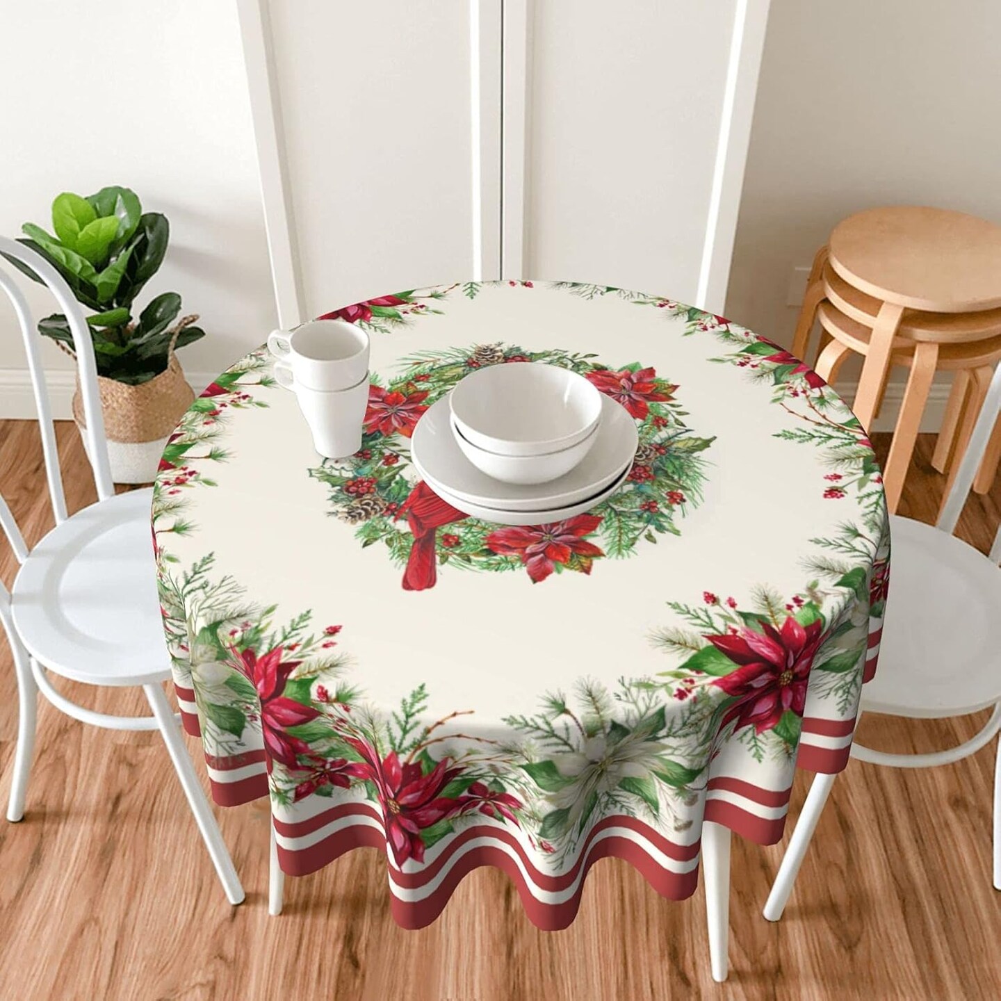 Red Bird Tablecloth Round 60 inch Red White Floral Tableccloth Merry Christmas Cloths Washable Banquet Tablecloth Winter Decorative Table Cover for Holiday Home Party Picnic Dinning