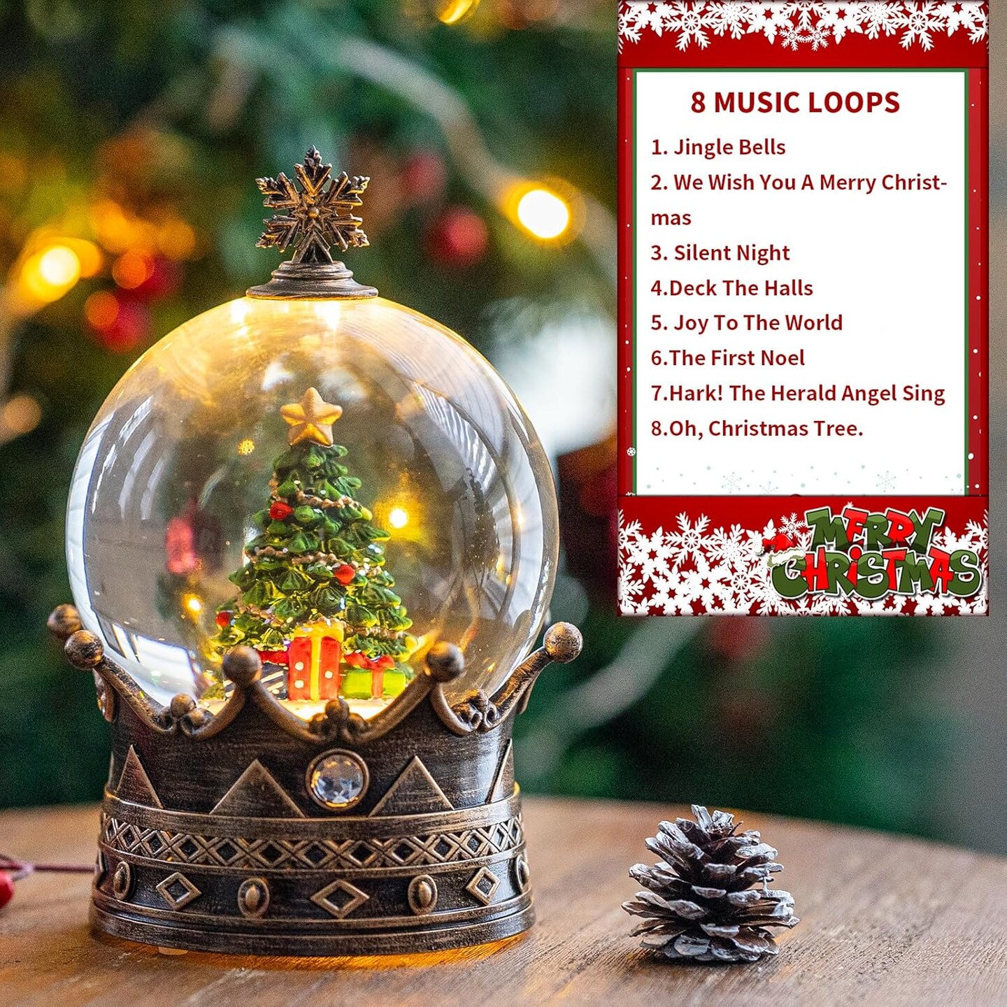 Christmas Snow Globes, Christmas Tree Gift Water Lantern, 8 Christmas Music, USB Powered &#x26; Battery, Holiday Decorations Gifts for Family Children or Friends