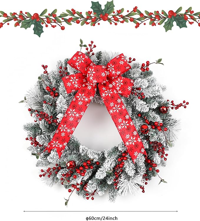 24 Inch Christmas Wreath for Front Door Artificial Wreath Adorned with Pine Branches, Berries, Snowflakes, and Red Ribbons,for Christmas Decorations Indoor and Outdoo