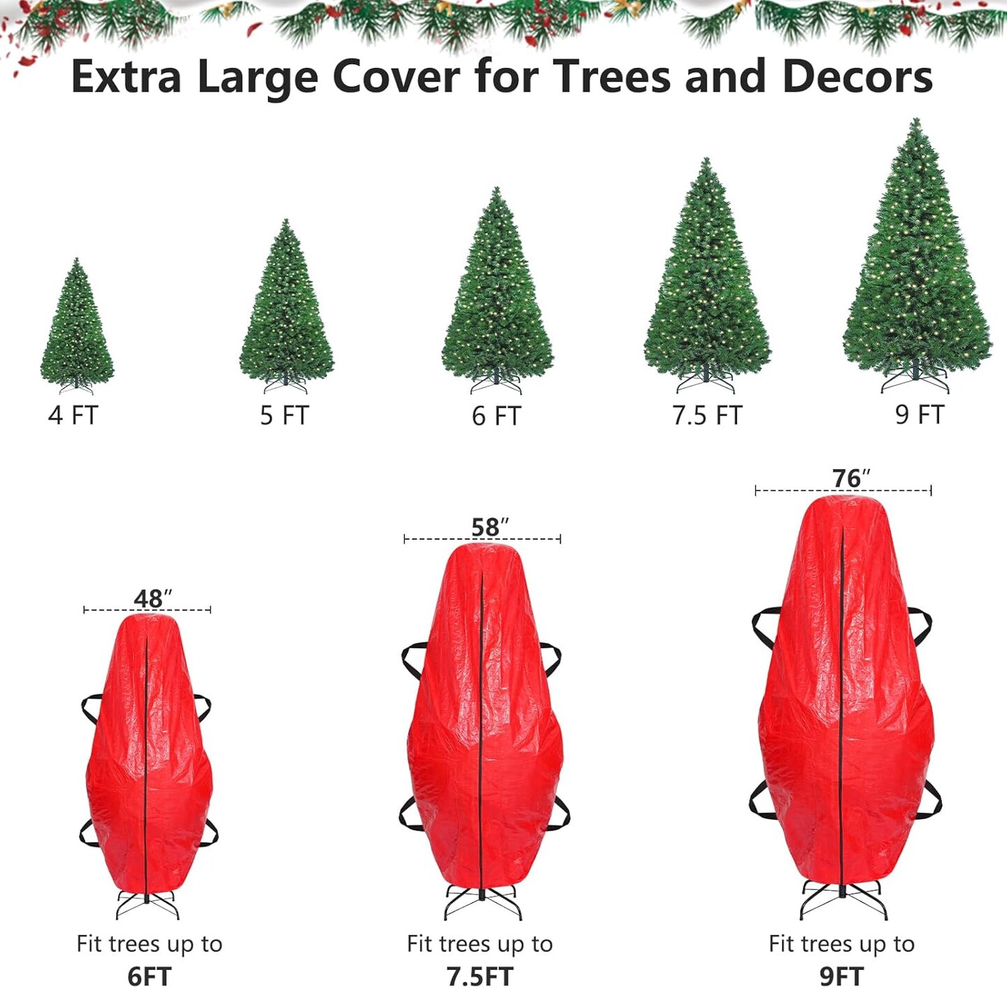 Upright Christmas Tree Storage Bag, 7.5 ft Tear Resistant PE Material Christmas Tree Bag with 4 Reinforced Handles for Xmas Holiday (Red)
