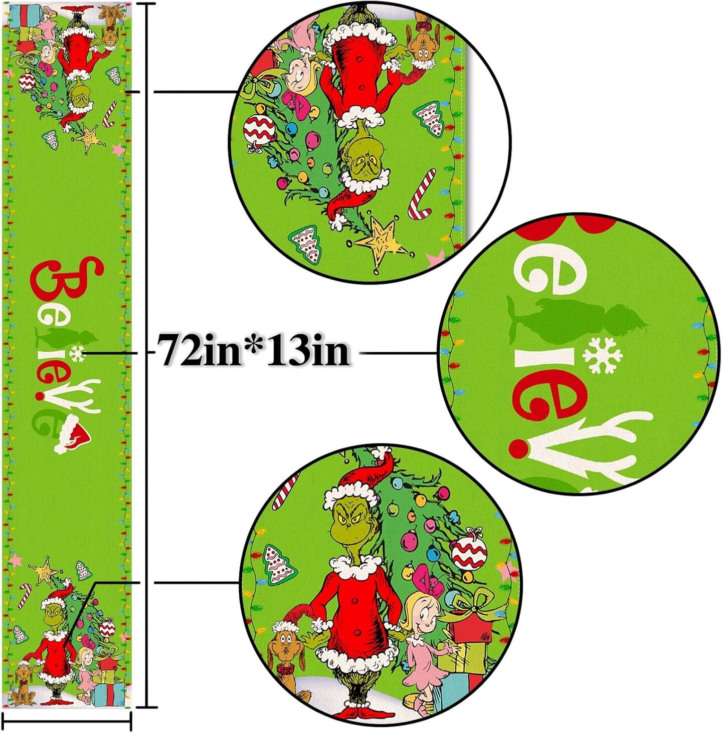 Green Christmas Table Runner Welcome to Whoville Believe Theme Party Decoration Xmas Winter Holiday Home Kitchen Island Decor 72Inches Long (Green, 13&#x22; x 72&#x22;)