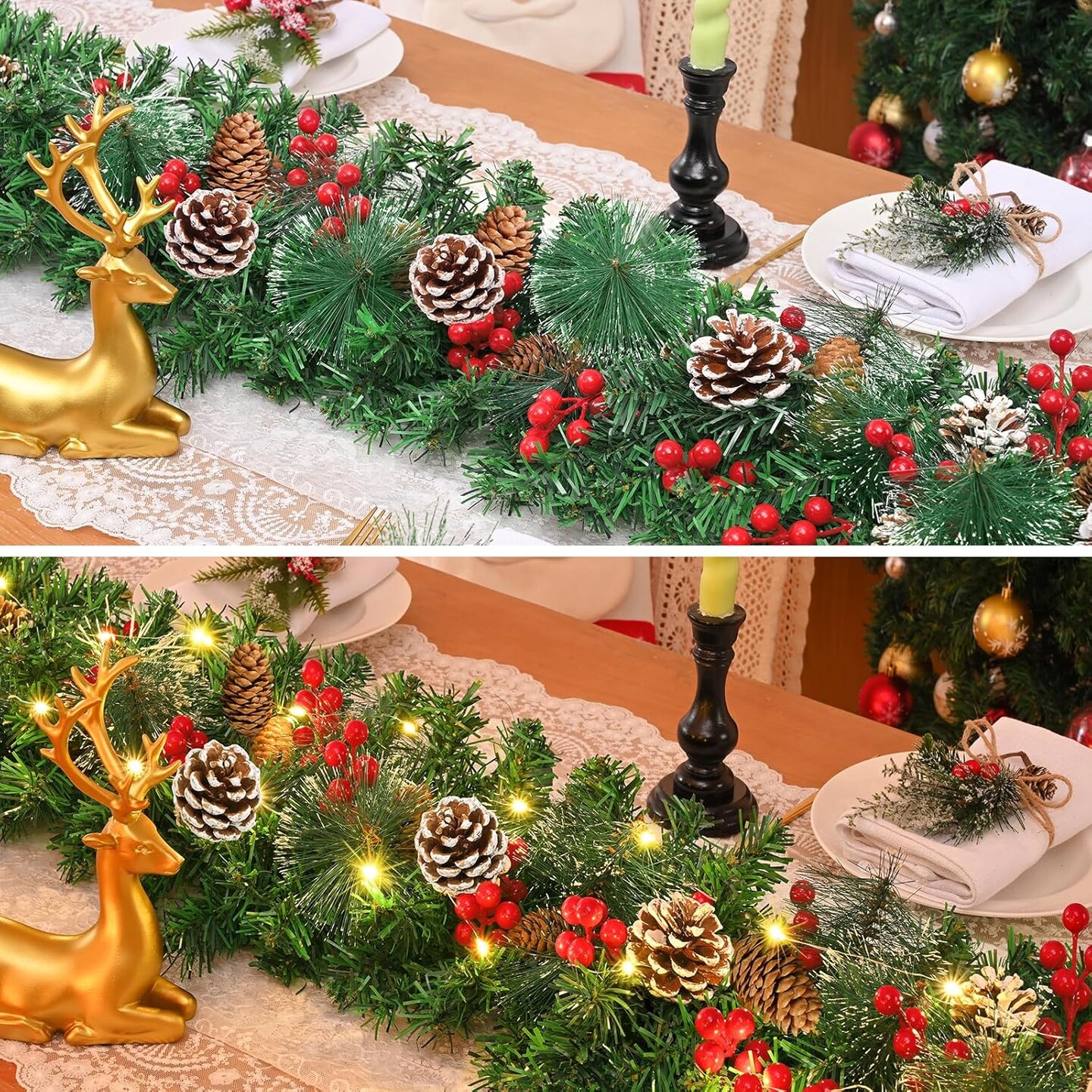 9 FT Christmas Garland with Lights, Lighted Christmas Garland for Mantel, Garlands for Decoration Christmas with Pinecone, Red Berry, Pine, 3 Modes Lighting Christmas Decor for Door, Table, Fireplace
