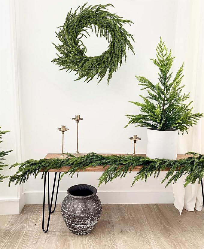 Real Touch Norfolk Pine Christmas Garland and Wreath Set, 24IN Green Wreath and Christmas Garland Artificial Faux Greenery Norfolk Pine for Holiday Indoor Mantle Decor (6FT - 24IN)