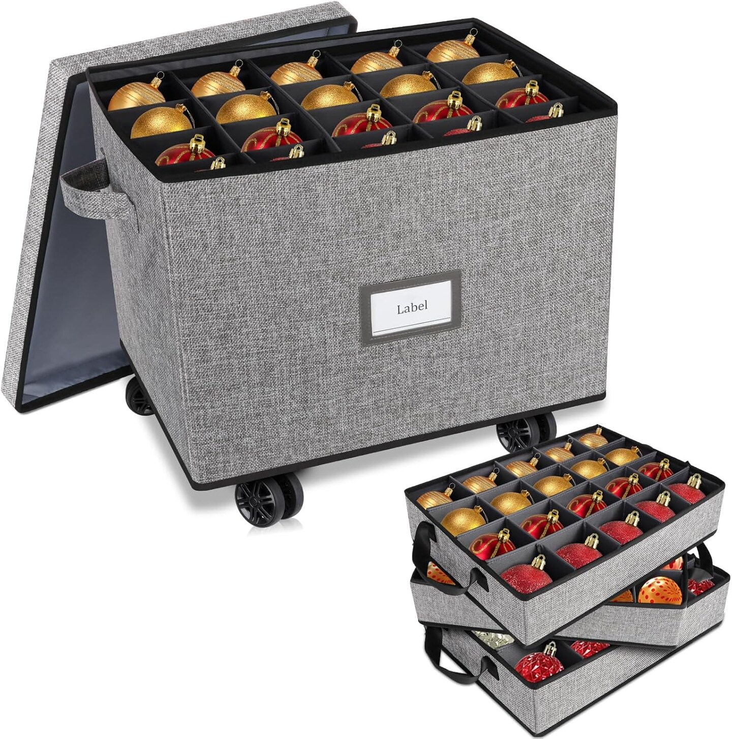 Rolling Ornament Storage Box, Holiday Ornament Organizer with 3 Individual Removable Trays, Large Capacity Christmas Ornament Box with Tow Rope and Double Handles
