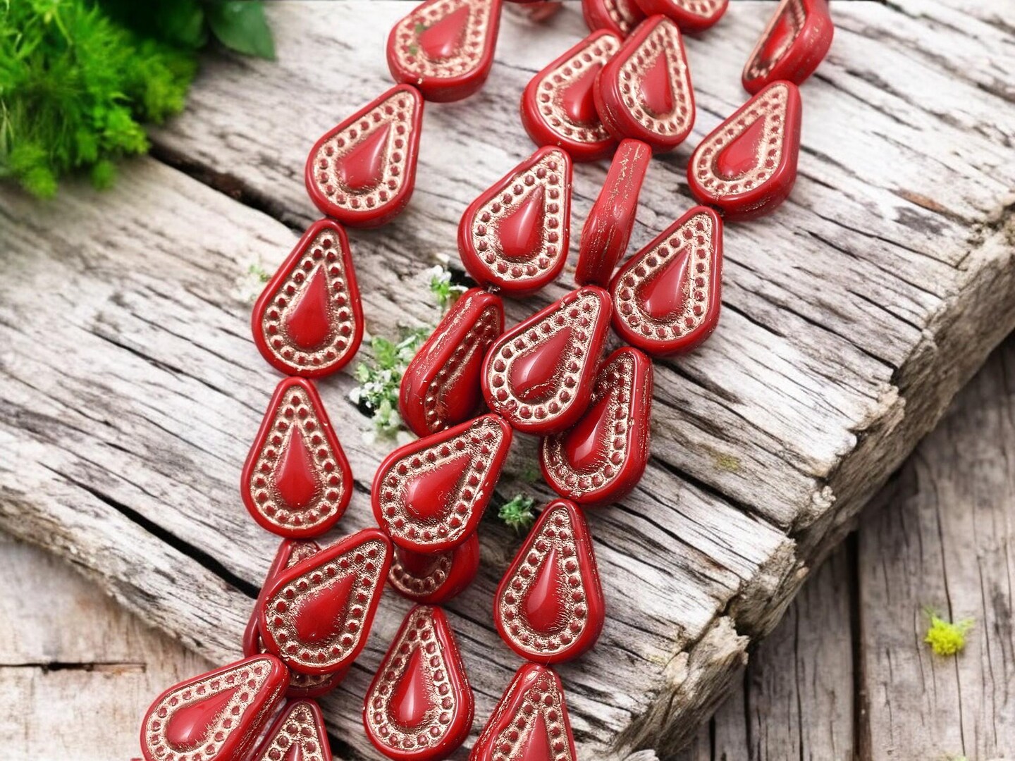 *10* 14x10mm Copper Washed Opaque Scarlet Red Filigree Drop Beads