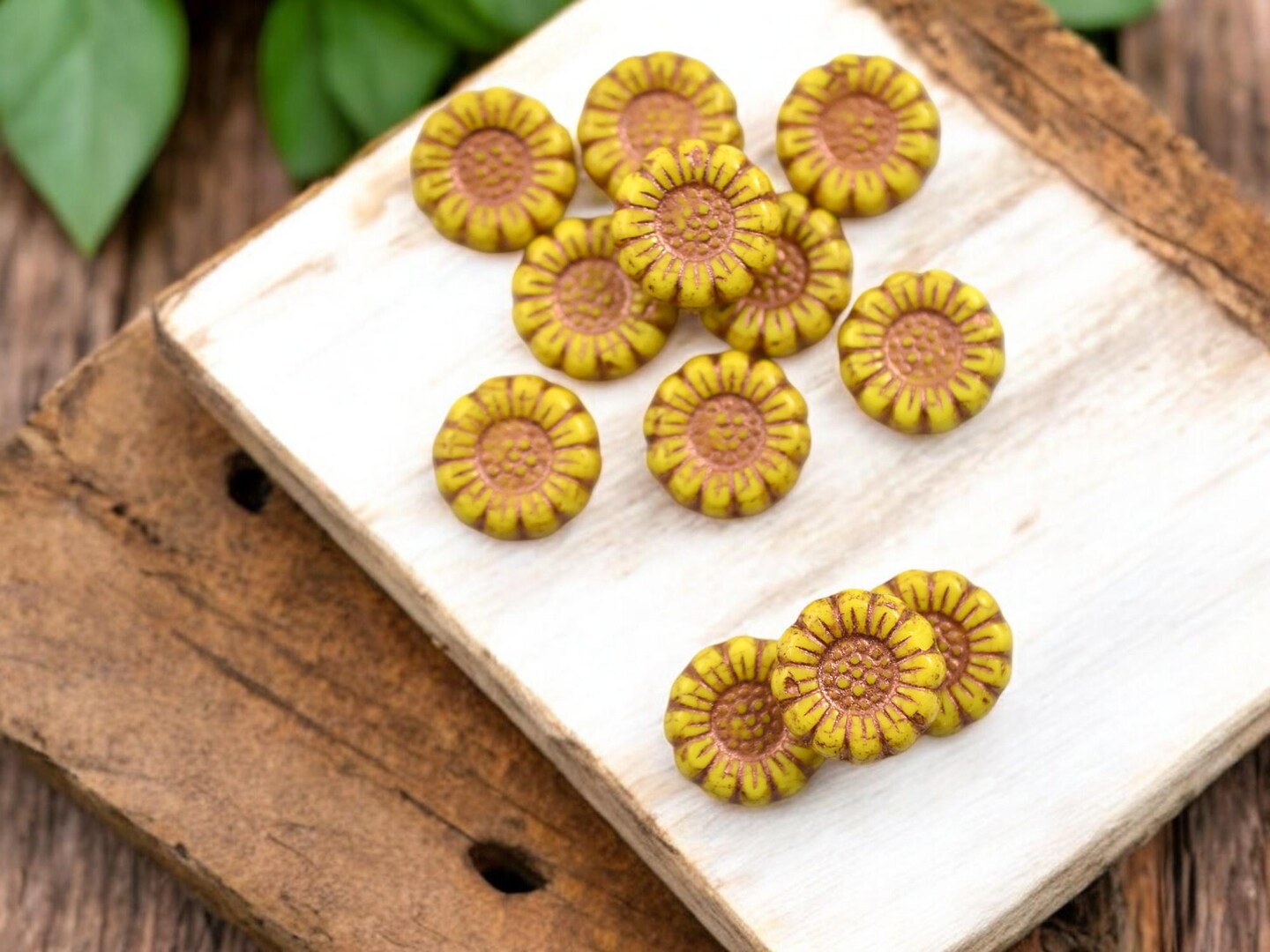 *12* 13mm Copper Washed Opaque Yellow Sunflower Coin Beads