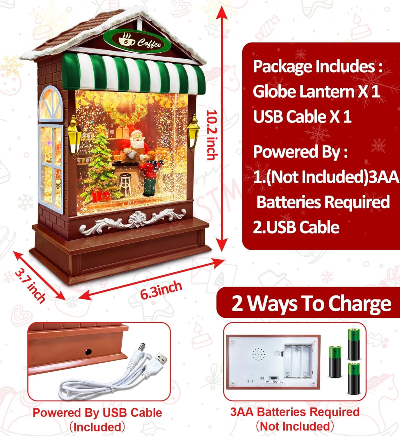 Musical Christmas Snow Globes Lighted with Timer 8 Songs Santa Making Coffee Shop Snowglobe USB/Battery Operated Swirling Glitter Christmas Decorations Home Decor for Kid Adult