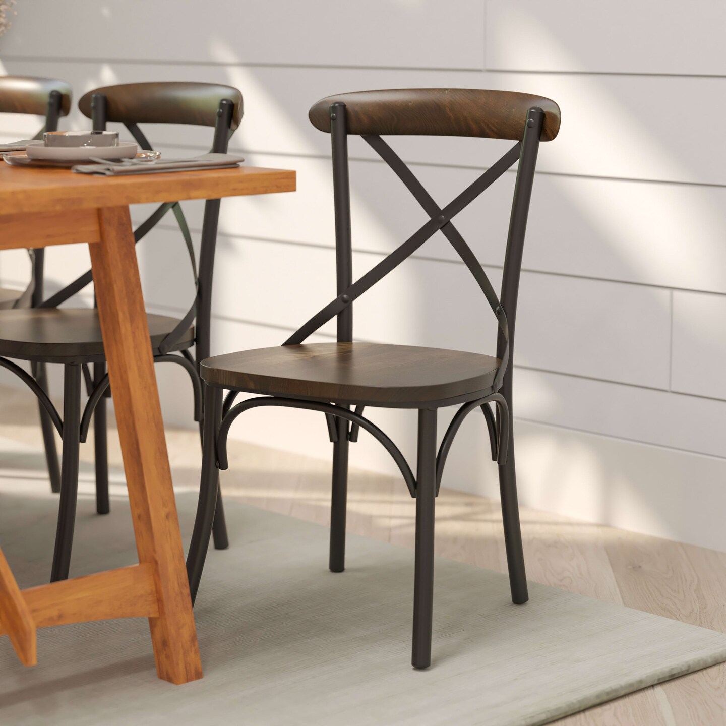 Merrick Lane Tucker Series Industrial Style Black Metal X-Back Dining Chair with Fruitwood Finished Seat and Back