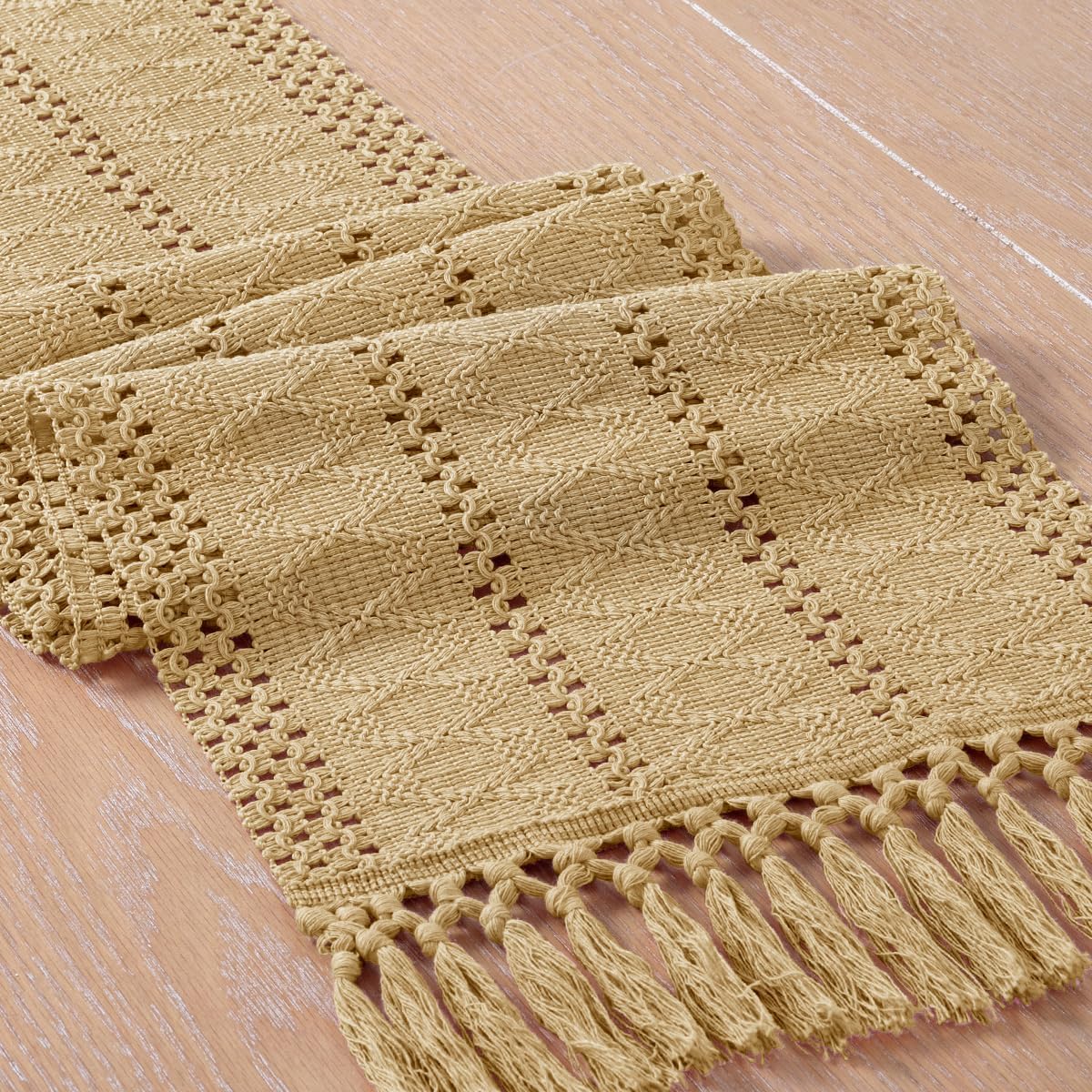 Fall Boho Table Runner Macrame 60 Inches Woven Cotton Linen Rustic Table Runner with Handmade Tassels for Home Decor Dining Fall Thanksgiving Christmas 12x60 inches Champagne