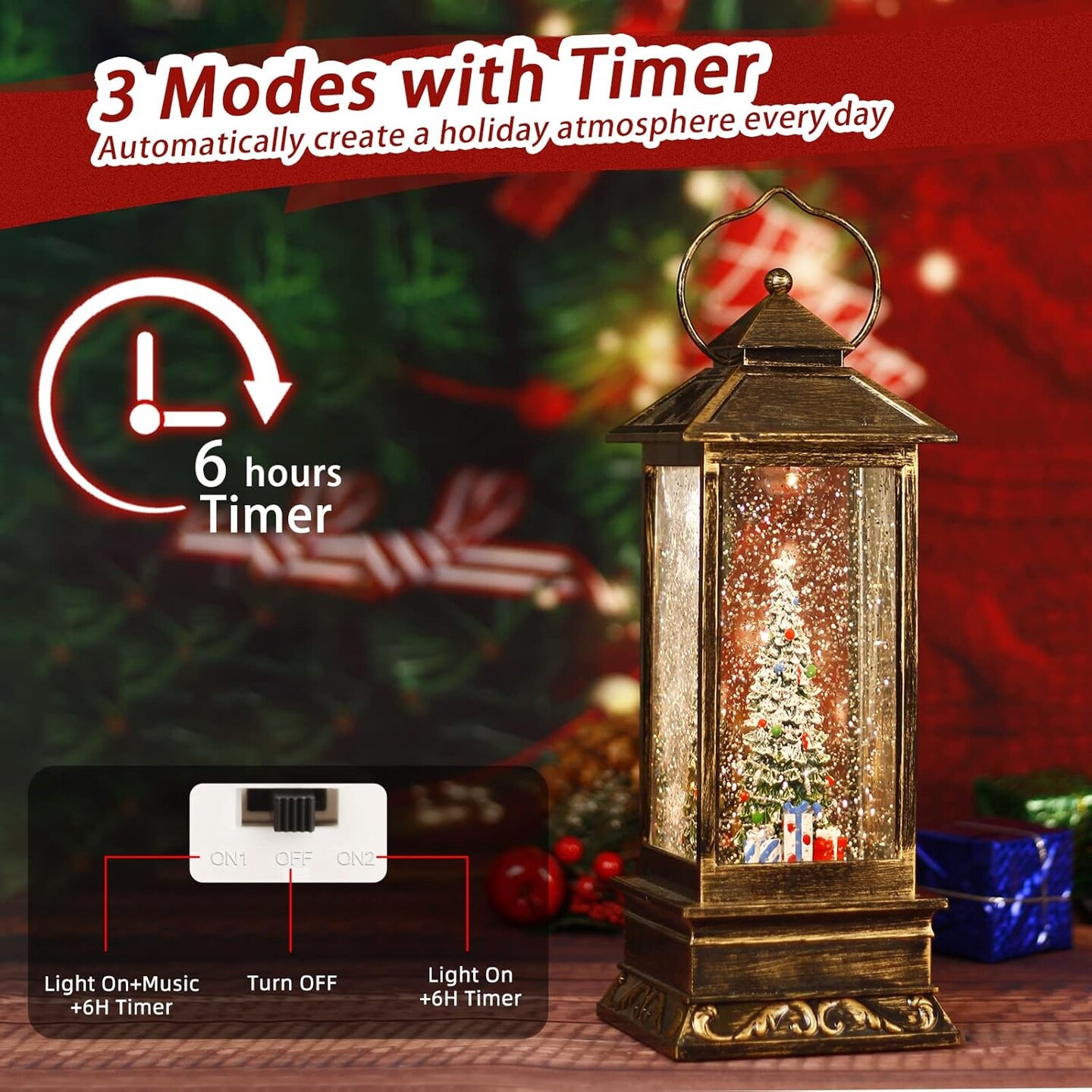 Snow Globe Christmas Lantern Decorations, Musical Snow Globe Lantern with Swirling Glitter, Christmas Tree Lighted Christmas Decorations Indoor for Home