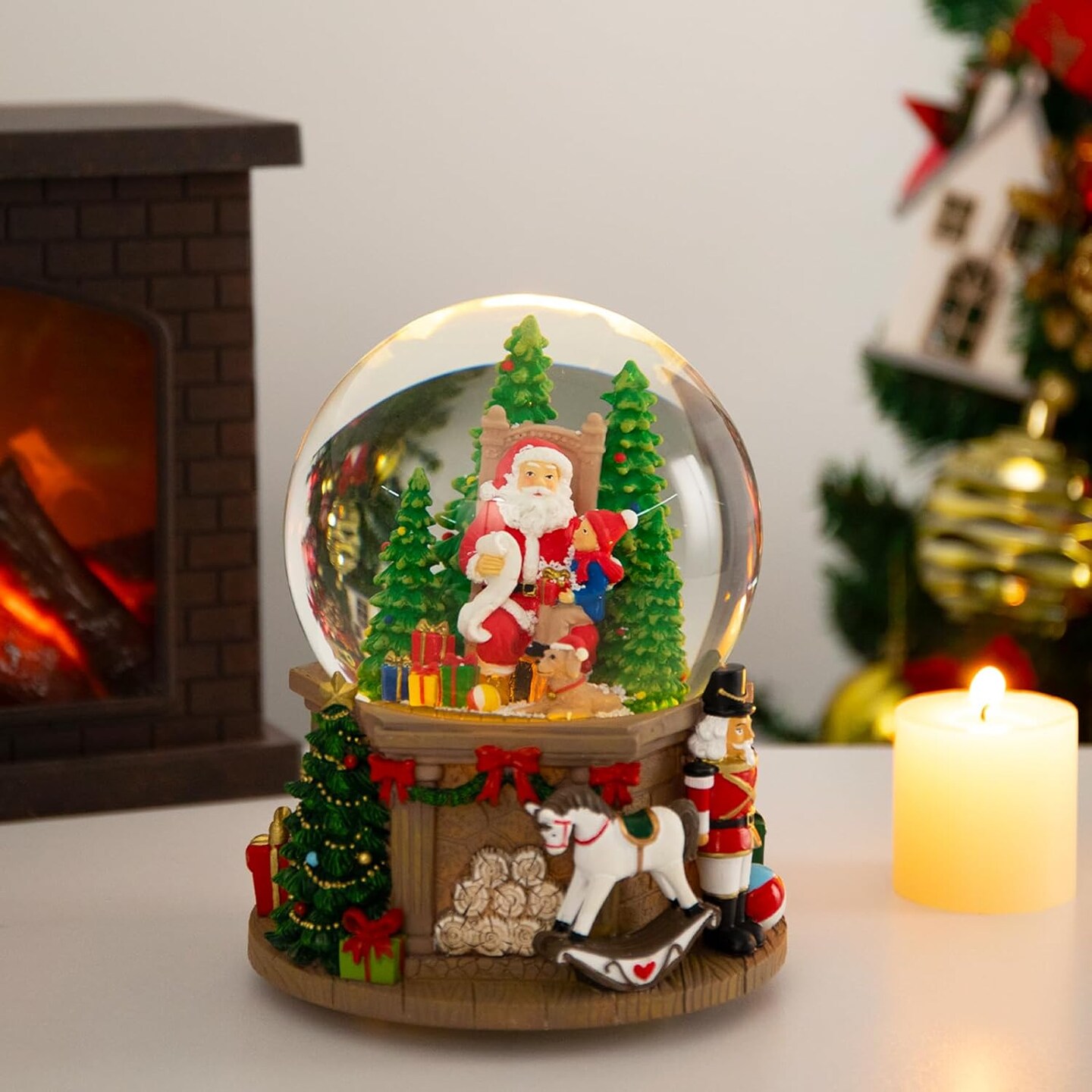 Christmas Snow Globes Santa Tree - Musical Snow Globe with 8 Songs Santa Clause Walnut Soldier Trojan Horse Color Changing Musical Box for Christmas Home Décor